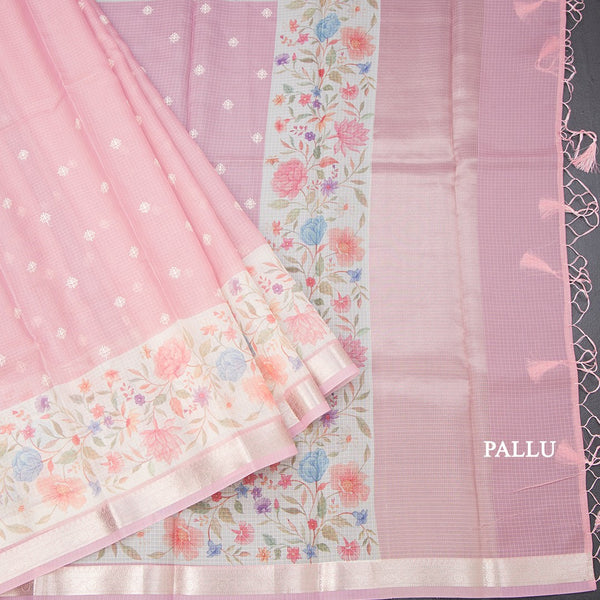 Kota Rose Pink Saree With Thread Buttas And Printed With Zari Border