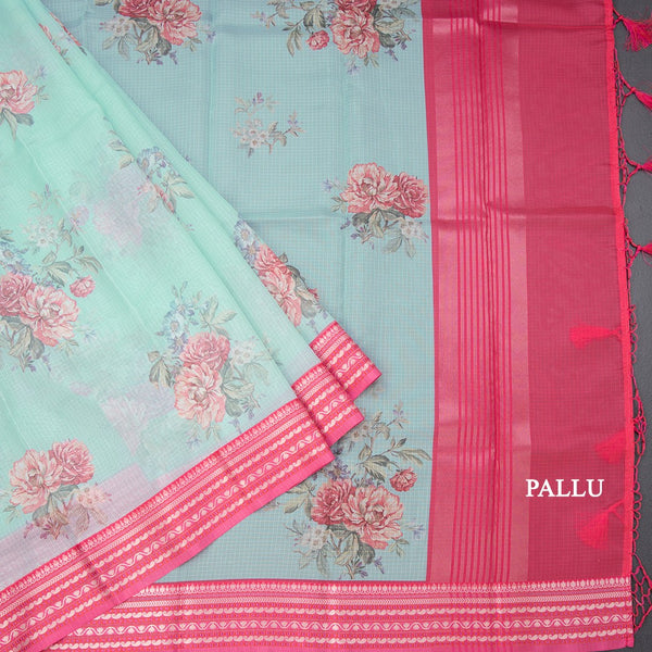 Kota Turquiose Blue Floral Printed Saree And Zari Border