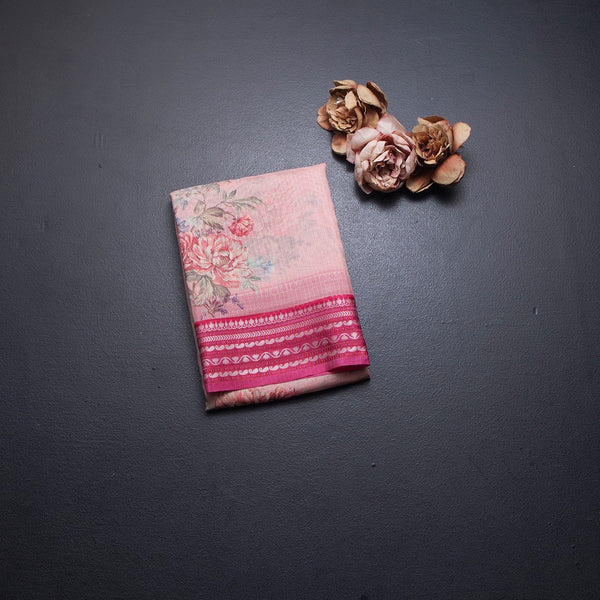 Kota Peach Floral Printed Saree And Zari Border