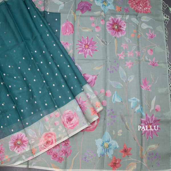Kota Dark Green Saree With Thread Buttas And Printed Border