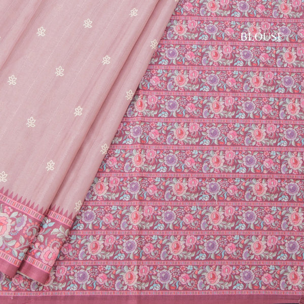 Raw Silk Peach Saree With Thread Buttas And Printed Border
