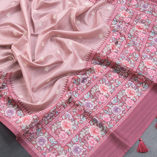 Raw Silk Peach Saree With Thread Buttas And Printed Border - Kumaran Silks