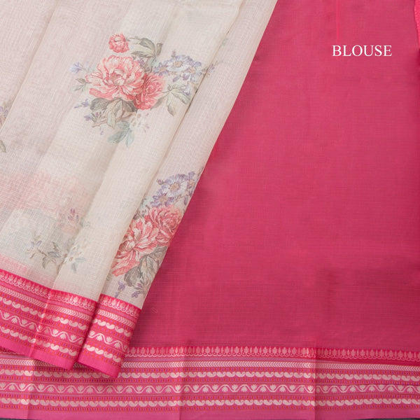 Kota Cream Floral Printed Saree And Zari Border