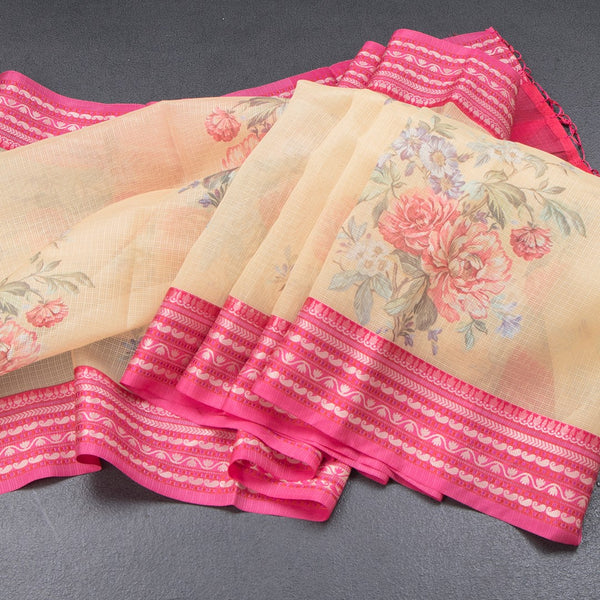 Kota Yellow Floral Printed Saree And Zari Border