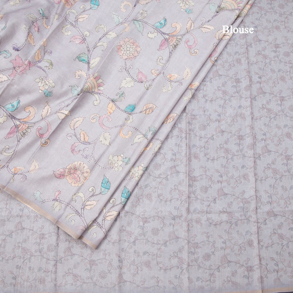 Semi Raw Silk Grey Printed Saree With Floral Creeper Design