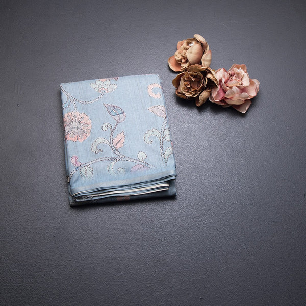 Semi Raw Silk Powder Blue Printed Saree With Floral Creeper Design
