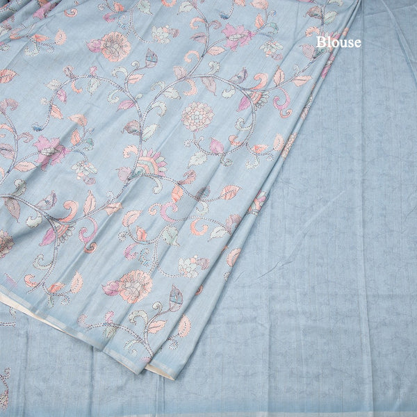Semi Raw Silk Powder Blue Printed Saree With Floral Creeper Design