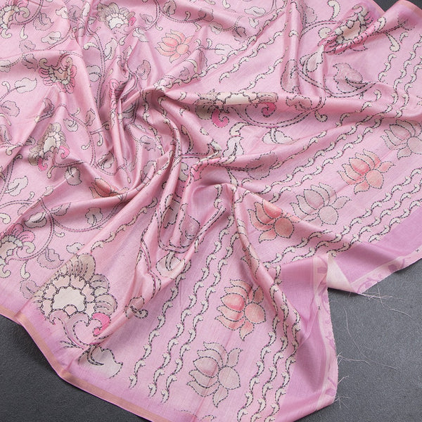 Semi Raw Silk Onion Pink Printed Saree With Floral Creeper Design - Kumaran Silks