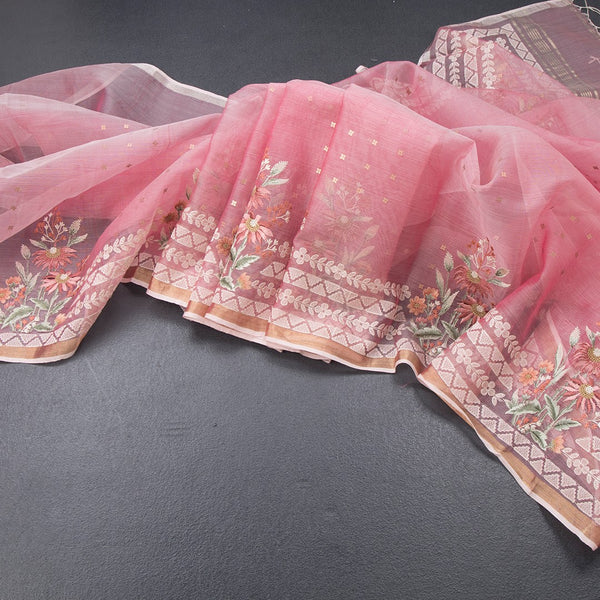 Kora Rose Pink Saree With Sequence Work And Thread Border