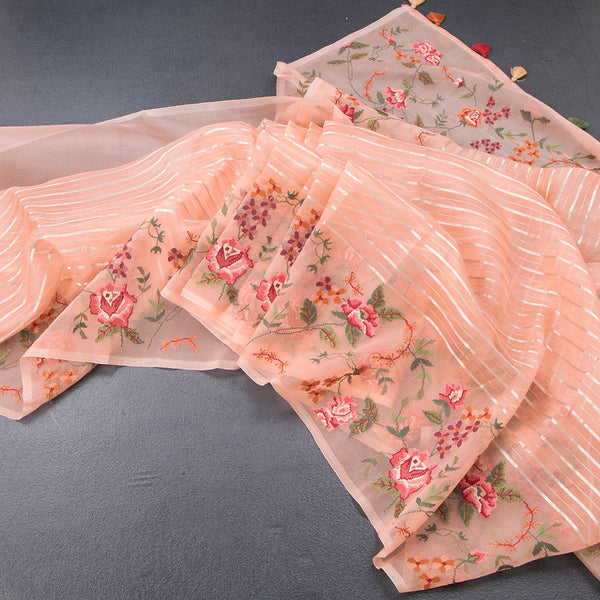 Organza Peach Zari Stripes Saree With Thread Border