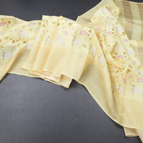Pure Tussar Lemon Yellow Printed Saree With Checks Border