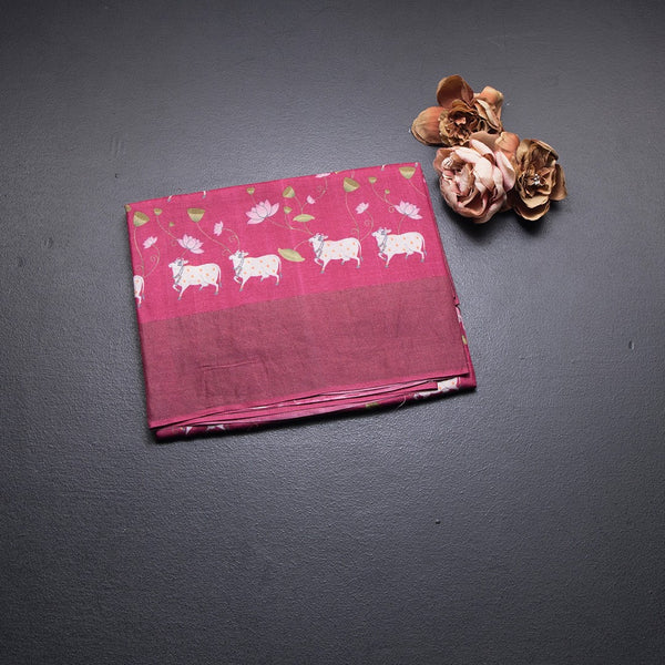 Pure Tussar Hot Pink Printed Saree With Checks Border