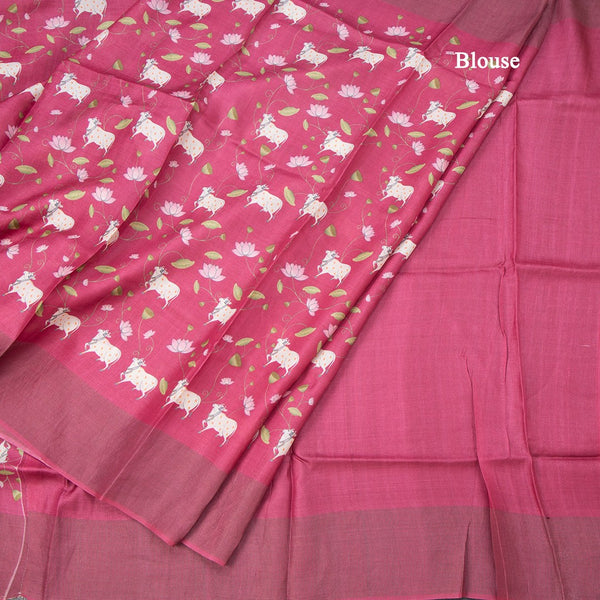 Pure Tussar Hot Pink Printed Saree With Checks Border