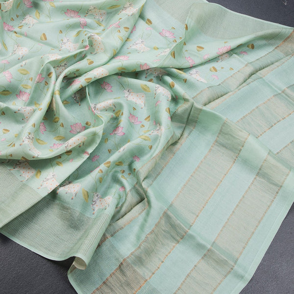 Semi Linen Light Pista Green Leaf Printed Saree