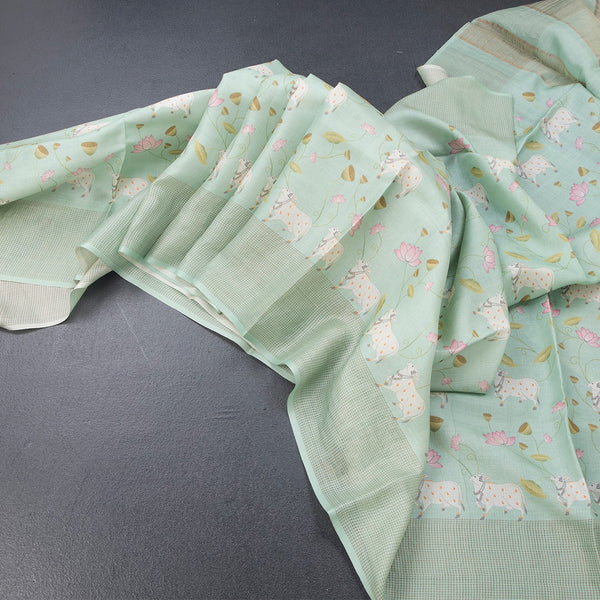 Pure Tussar Sea Green Printed Saree With Checks Border