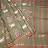 Pure Tussar Olive Green Printed Saree With Stripes Border