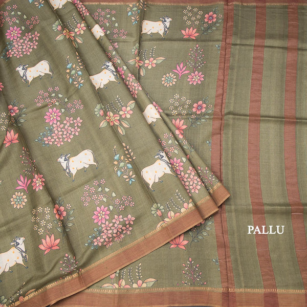 Pure Tussar Olive Green Printed Saree With Stripes Border
