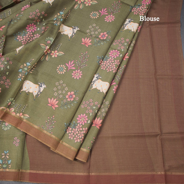 Pure Tussar Olive Green Printed Saree With Stripes Border