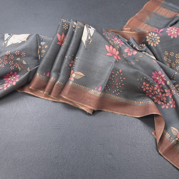 Pure Tussar Grey Printed Saree With Stripes Border