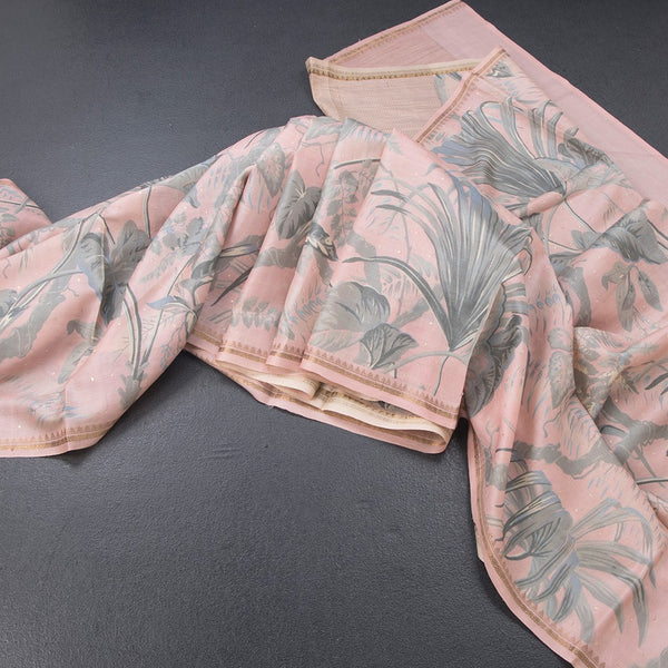 Pure Tussar Baby Pink Leaf Printed Borderless Saree