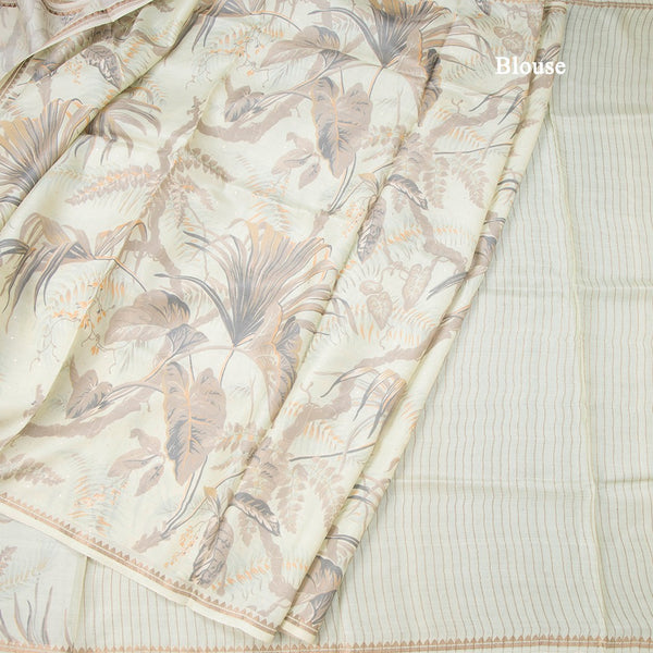 Pure Tussar Light Pista Green Leaf Printed Borderless Saree