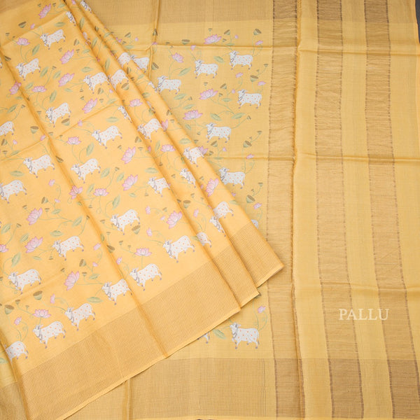 Pure Tussar Mango yellow Printed Saree With Checks Border