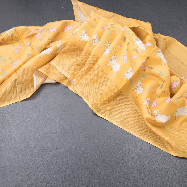 Pure Tussar Mango yellow Printed Saree With Checks Border