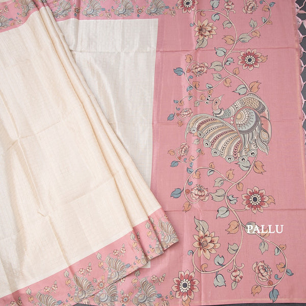 Raw Silk Cream Zari Checked Saree With Printed Border