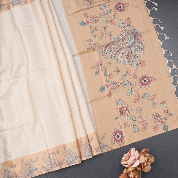 Raw Silk Cream Zari Checked Saree With Printed Border 02