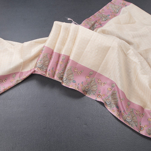 Raw Silk Cream Zari Checked Saree With Printed Border 03