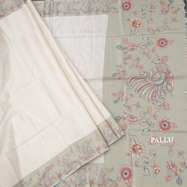 Raw Silk Cream Zari Checked Saree With Printed Border 04