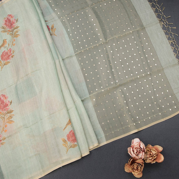 Linen Pista Green Borderless Printed Saree