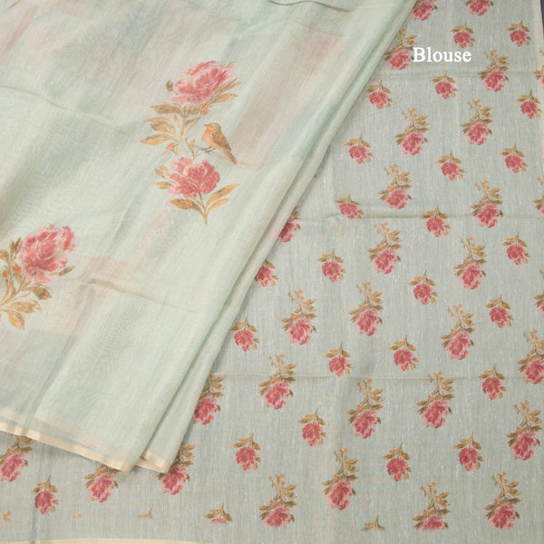 Linen Pista Green Borderless Printed Saree