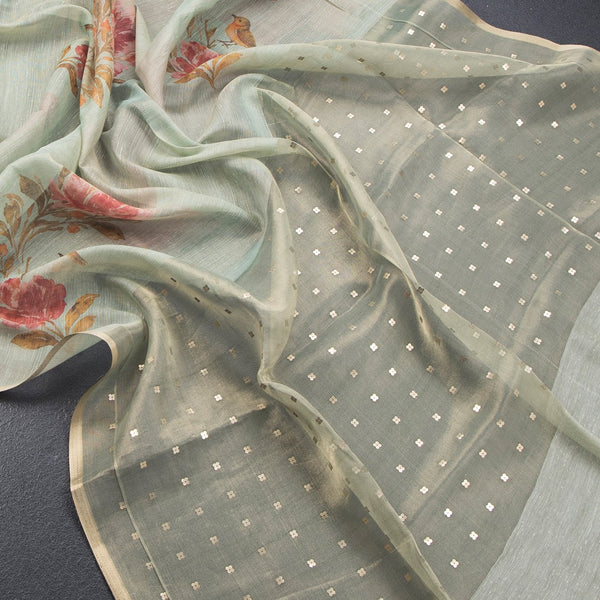 Raw Silk Cream Floral Printed Saree With Zari Border 10