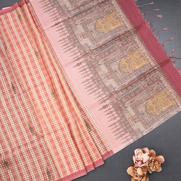 Raw Silk Multi Colour Checked Saree With Ribbon Border
