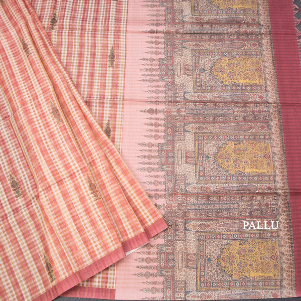 Raw Silk Multi Colour Checked Saree With Ribbon Border