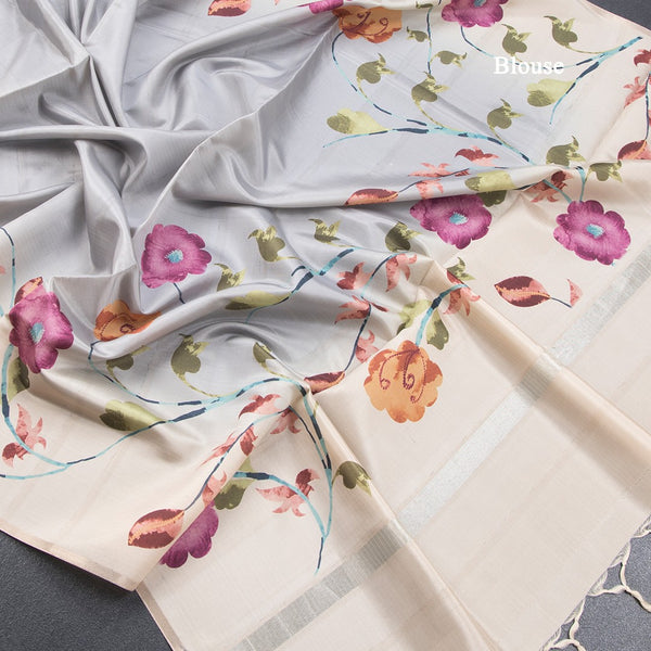 Raw Silk Grey Printed Saree With Zari Border 02