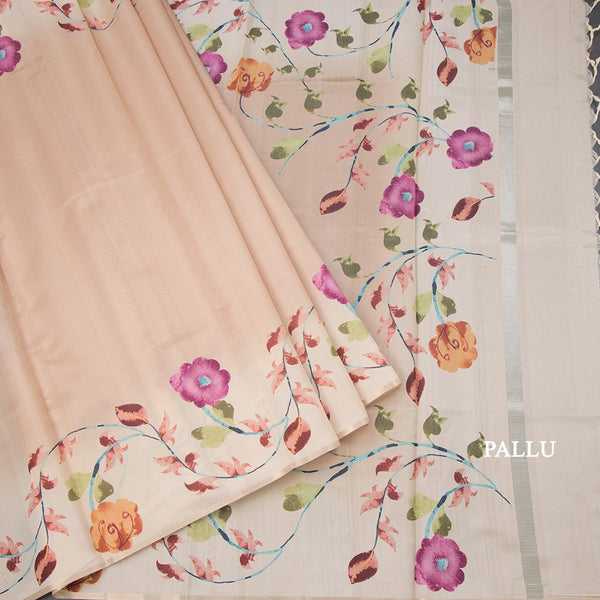 Raw Silk Light Brown Plain Saree With Floral Border