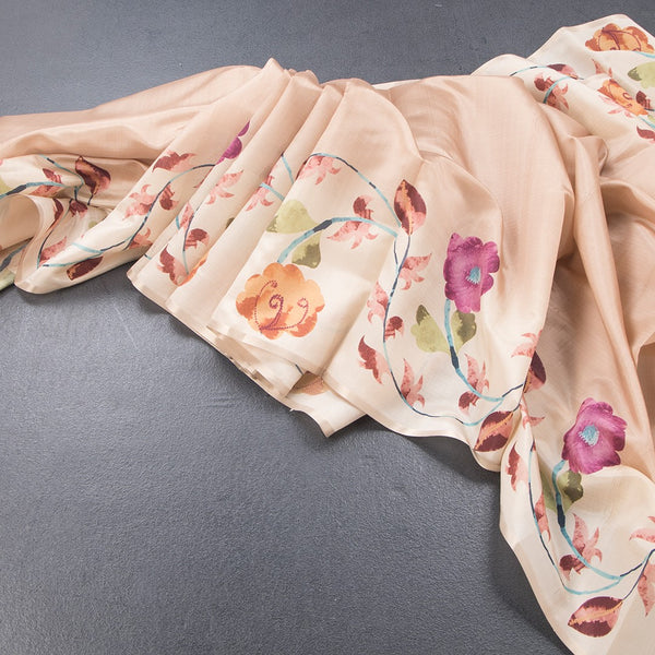 Raw Silk Light Brown Plain Saree With Floral Border