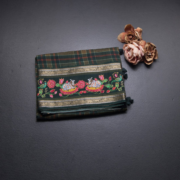 Raw Silk Dark Green Printed Checked Saree And Rettapet Border