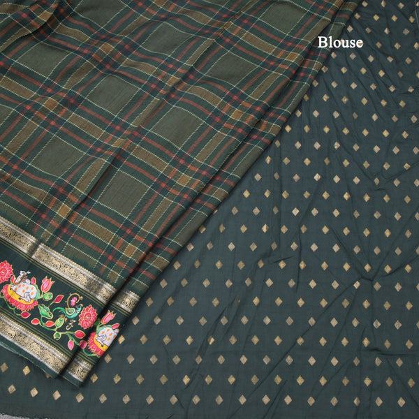 Raw Silk Dark Green Printed Checked Saree And Rettapet Border