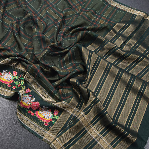 Raw Silk Dark Green Printed Checked Saree And Rettapet Border