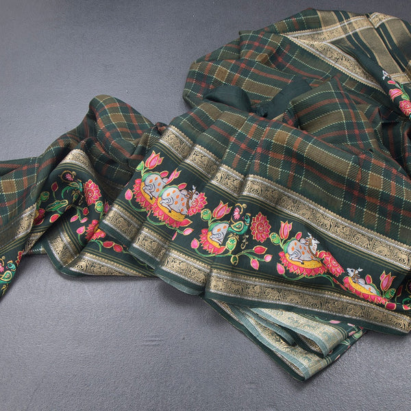 Raw Silk Dark Green Printed Checked Saree And Rettapet Border