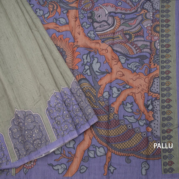 Semi Linen Pista Green Kalamkari Printed Saree