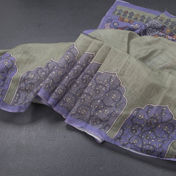 Semi Linen Pista Green Kalamkari Printed Saree