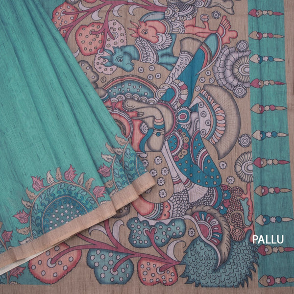 Semi Linen Teal Green Kalamkari Printed Saree