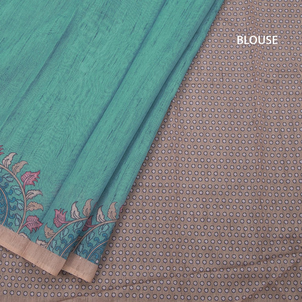 Semi Linen Teal Green Kalamkari Printed Saree