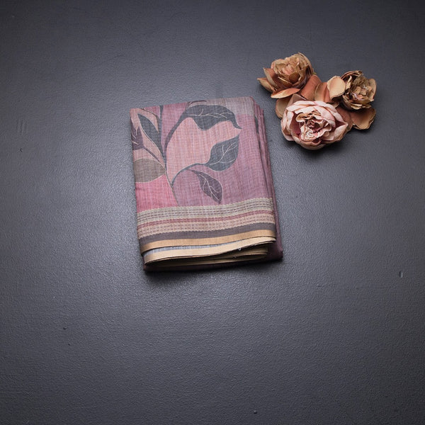 Semi Linen Light Maroon Leaf Printed Saree