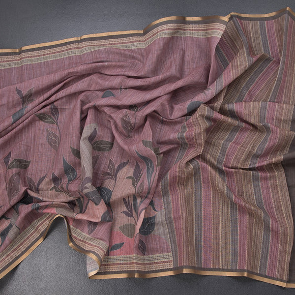 Semi Linen Light Maroon Leaf Printed Saree