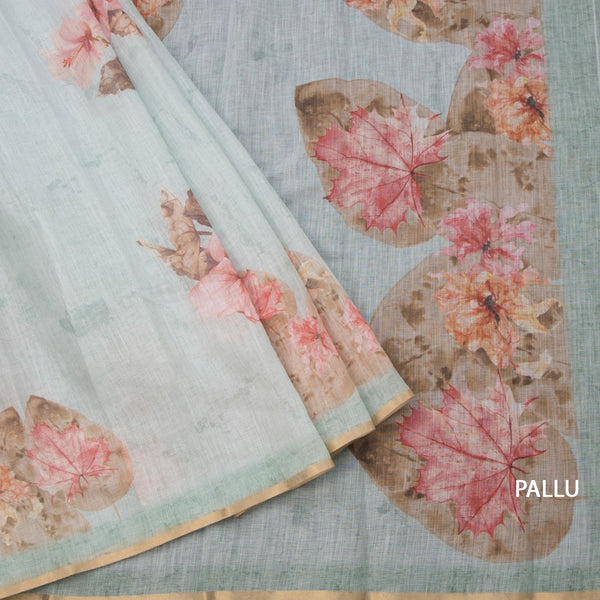Semi Linen Light Pista Green Leaf Printed Saree